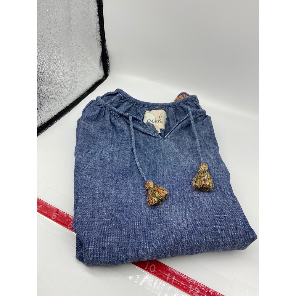 Peek Blouse Blue Girls 10 Chambray Embroidered Long Sleeve Boho Tassel Peasant